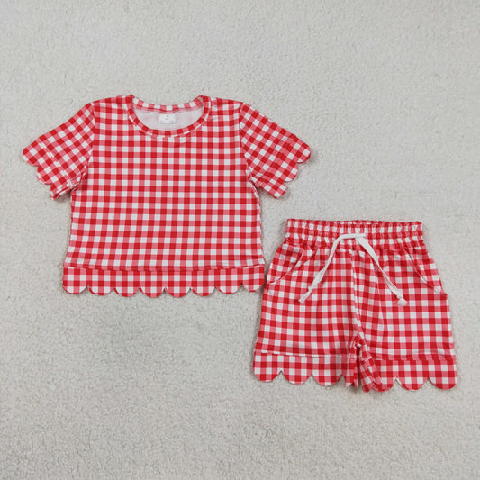 Baby Girls Red Checked Shirts Top Pockets Short Scallop Clothes Set