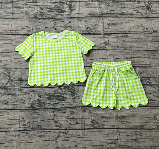 Baby Girls Short Sleeve Green Checked Shirts Top Scallop Shorts Clothes Sets Preorder