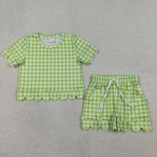 Baby Girls Short Sleeve Green Checked Shirt Shorts Scallop Clothes Sets