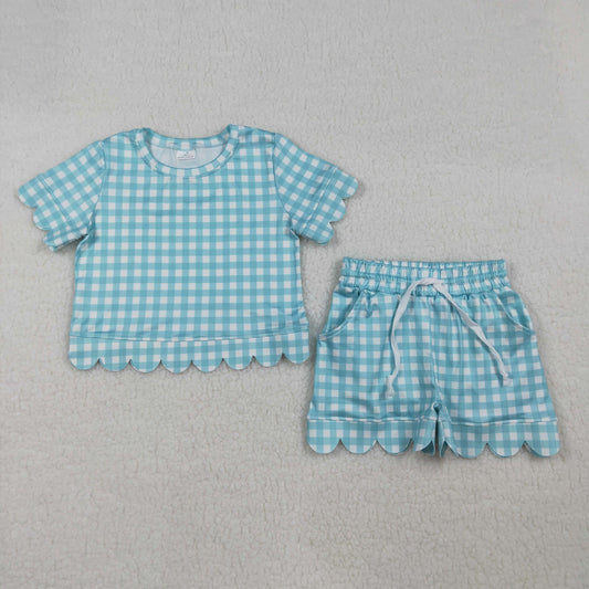 Baby Girls Short Sleeve Blue Checked Shirts Top Scallop Shorts Clothes Sets