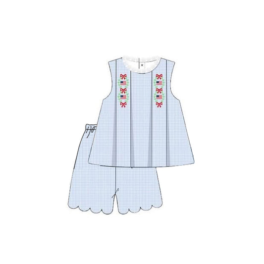 Baby Girls Blue Checked Bows Flags Tunic Shorts 4th of July Clothes Sets Preorder