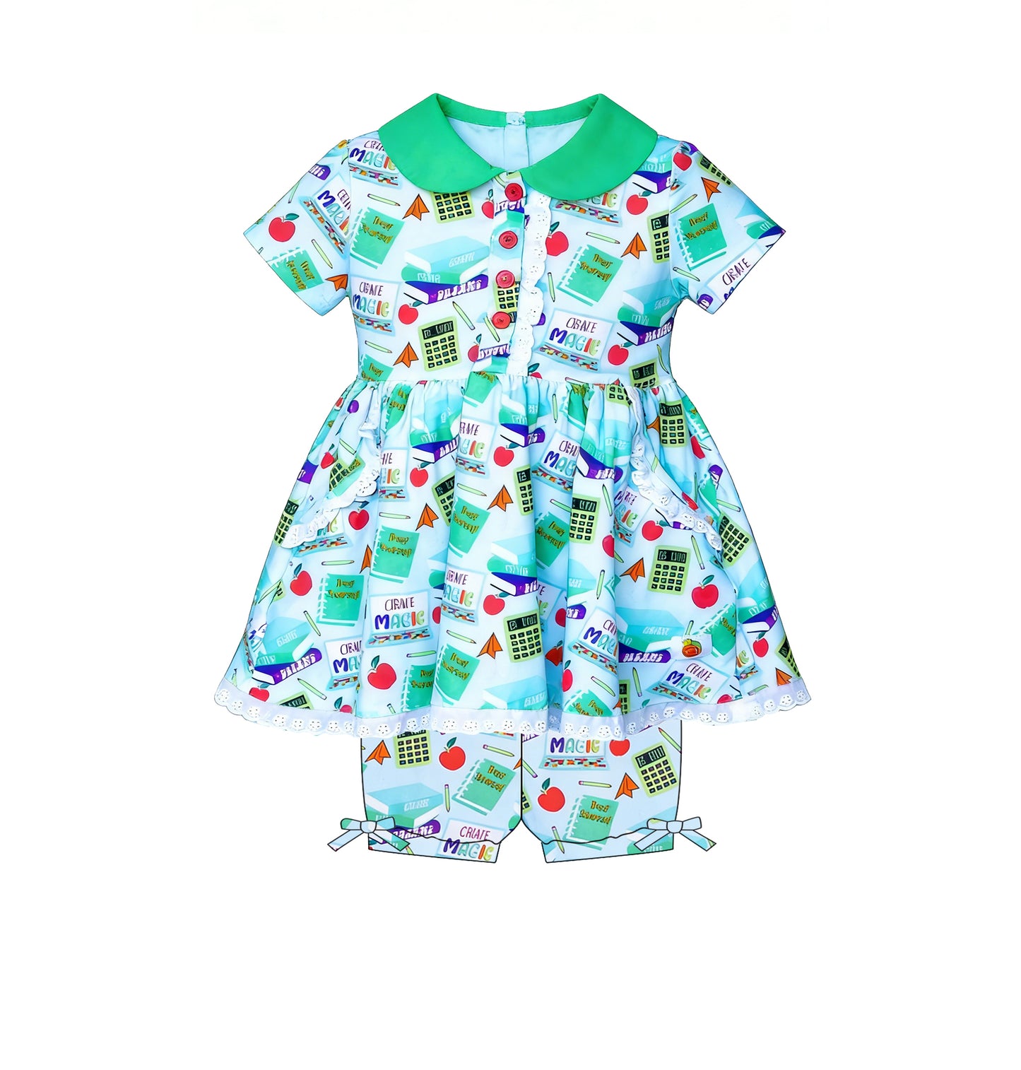 Baby Girls Apples Pencils Collar Button Tunic Short Back to School Clothes Sets Preorder