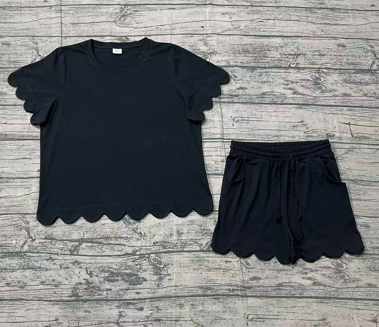 Adult Women Black Shorts Sleeve Top Pockets Short Cotton Scallop Clothes Sets