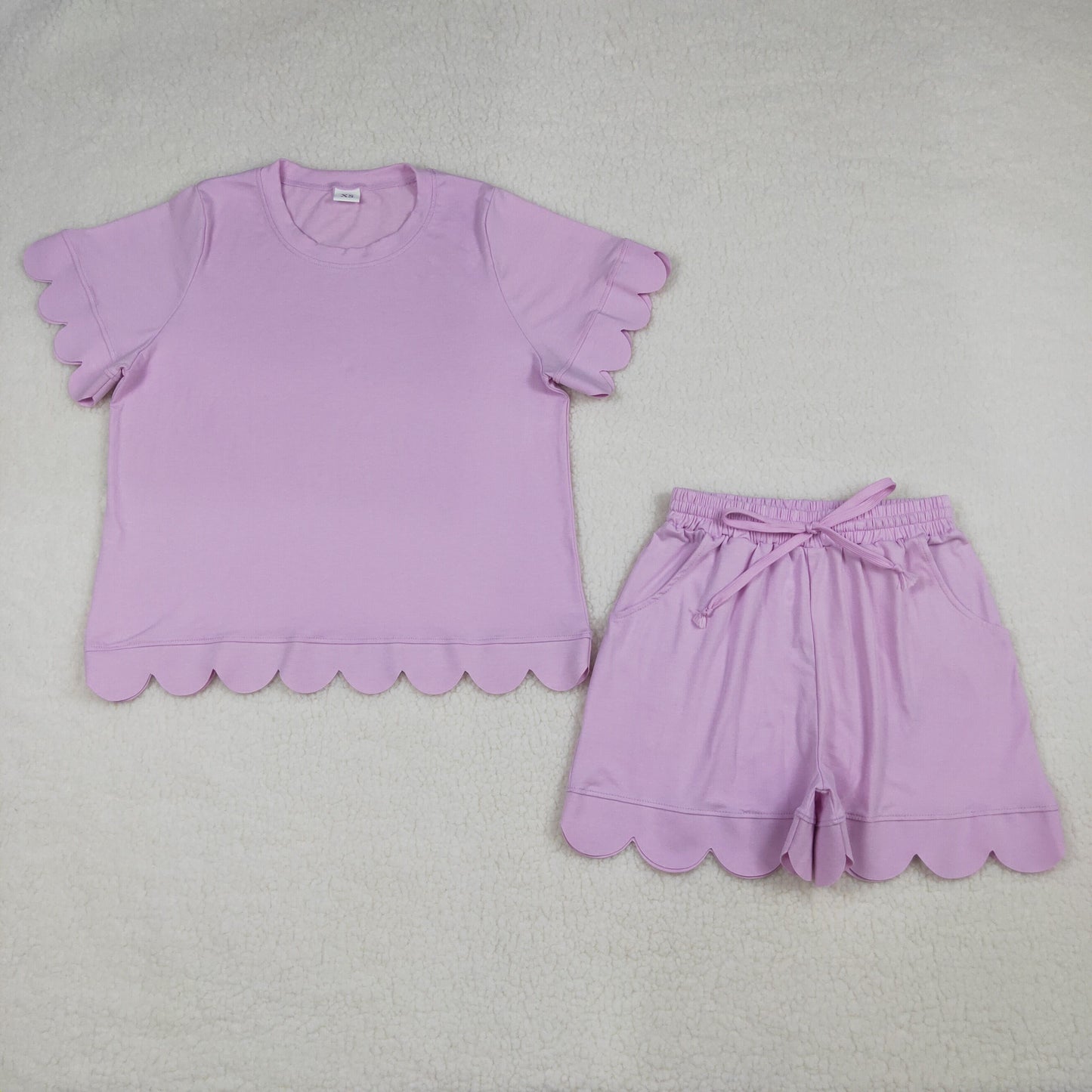 Adult Women Pink Short Sleeve Top Pockets Short Cotton Scallop Clothes Set