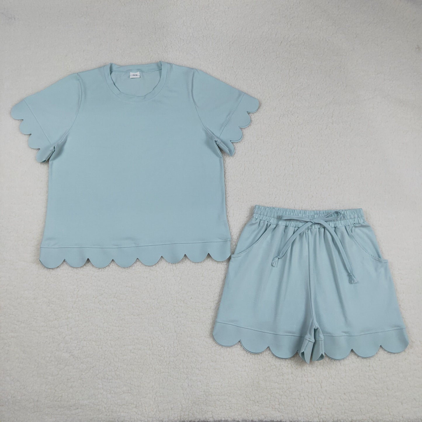 Adult Women Light Blue Short Sleeve Top Pockets Short Cotton Scallop Clothes Set