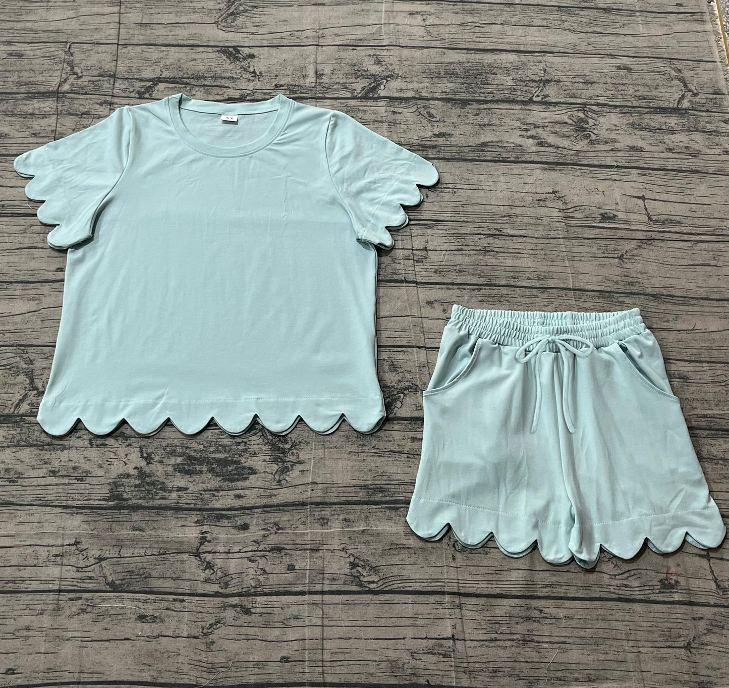 Adult Women Light Blue Short Sleeve Top Pockets Short Cotton Scallop Clothes Set