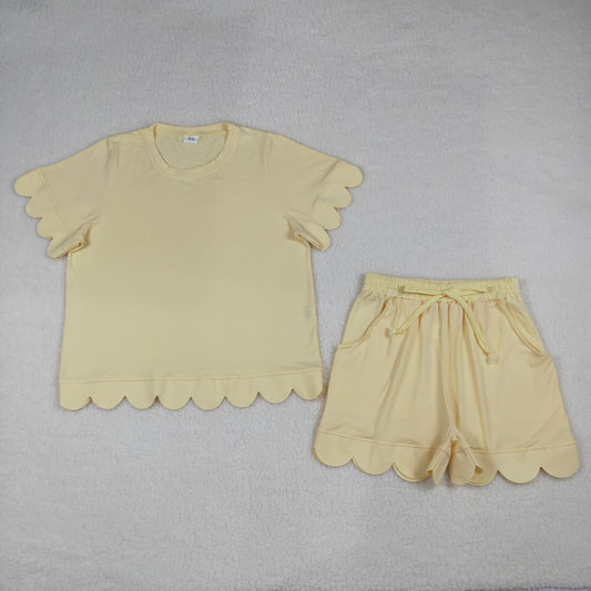 Adult Women Yellow Shorts Sleeve Top Pockets Short Cotton Scallop Clothes Sets