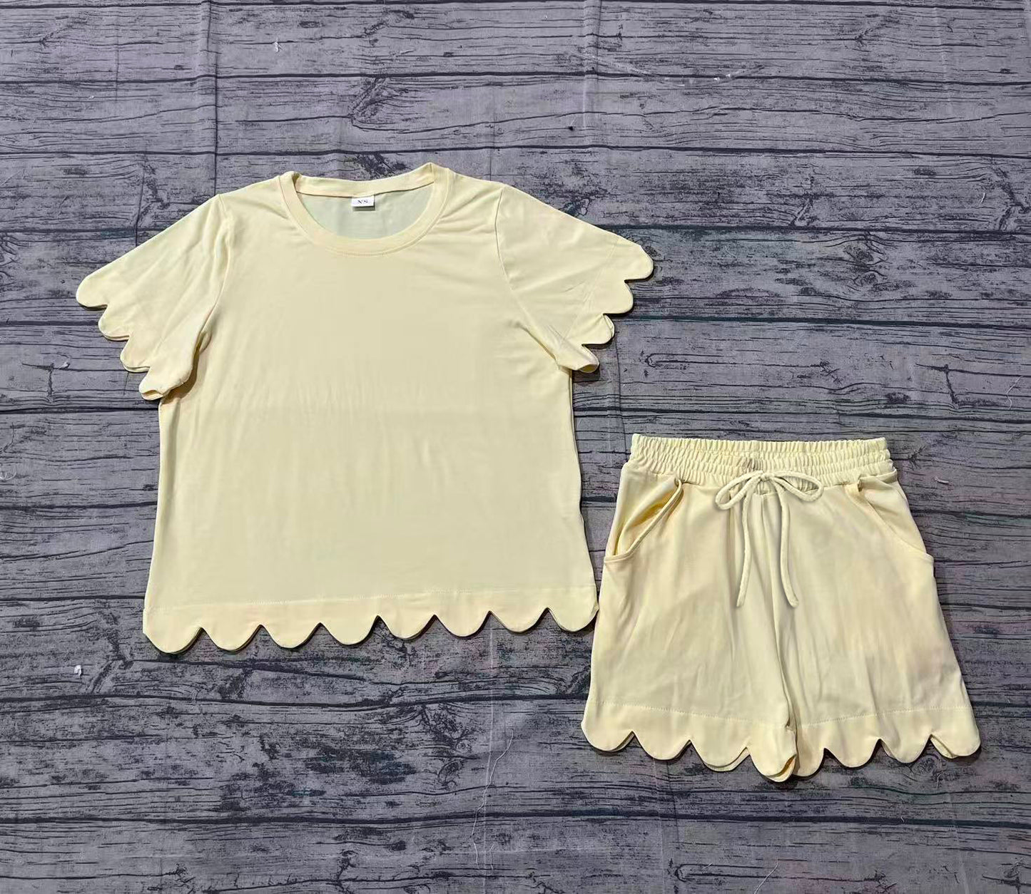 Adult Women Yellow Shorts Sleeve Top Pockets Short Cotton Scallop Clothes Sets