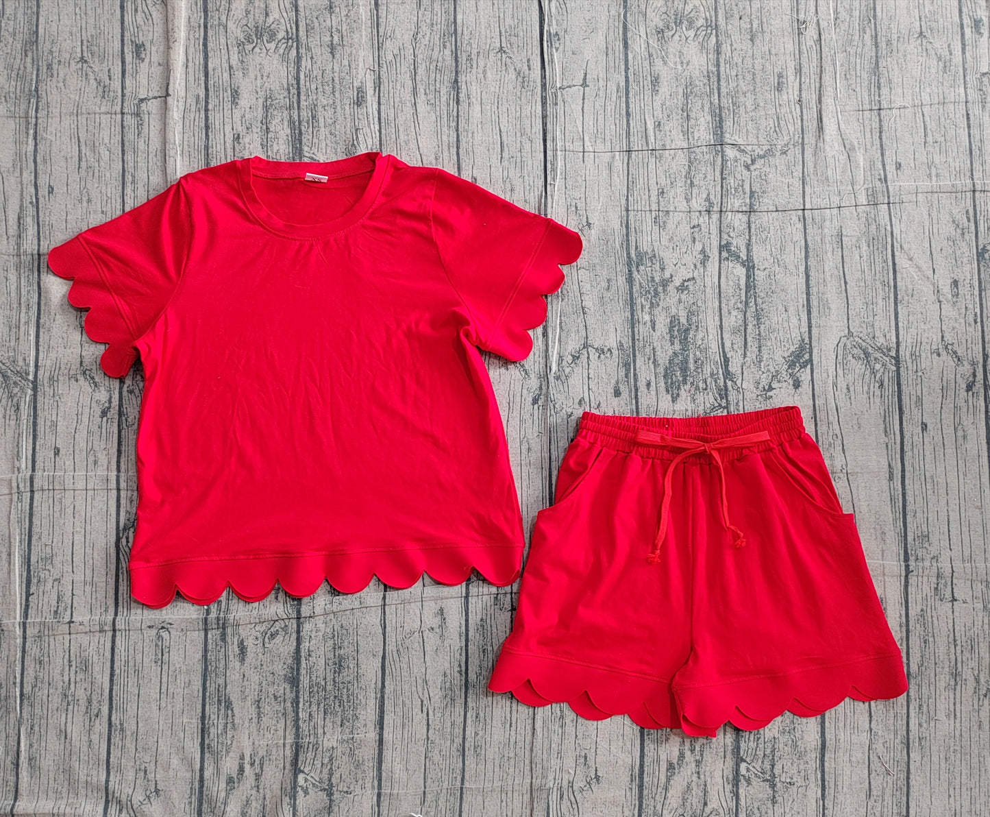 Adult Women Red Shorts Sleeve Shirts Top Scallop Short Clothes Sets