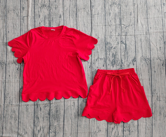 Adult Women Red Shorts Sleeve Shirts Top Scallop Short Clothes Sets