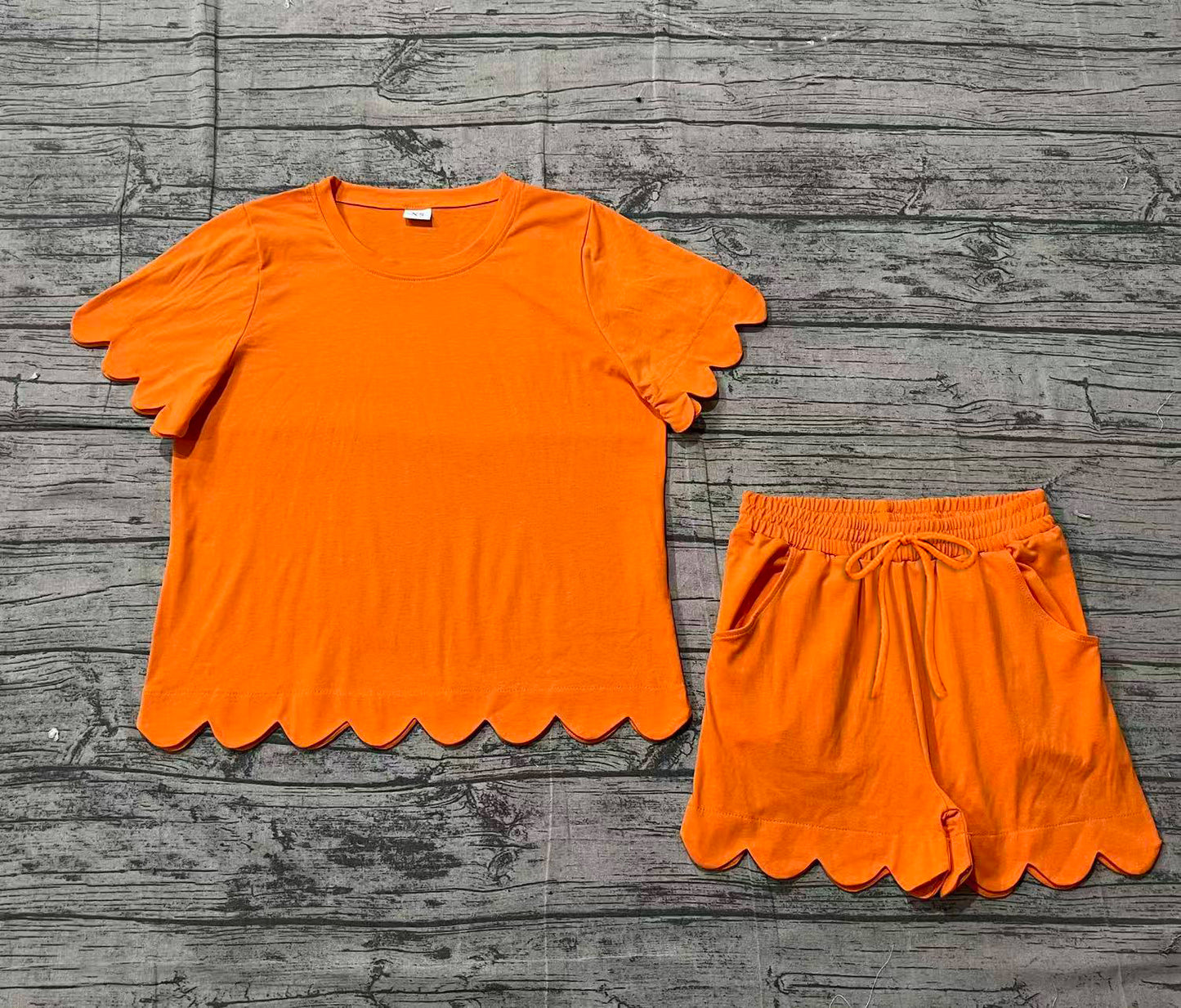 Adult Women Orange Shorts Sleeve Top Pockets Short Cotton Scallop Clothes Sets