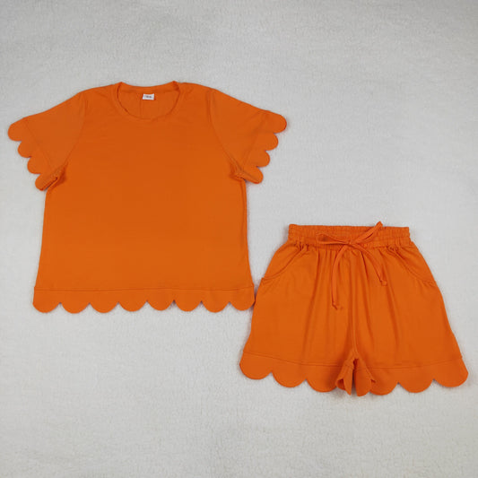 Adult Women Orange Shorts Sleeve Top Pockets Short Cotton Scallop Clothes Sets