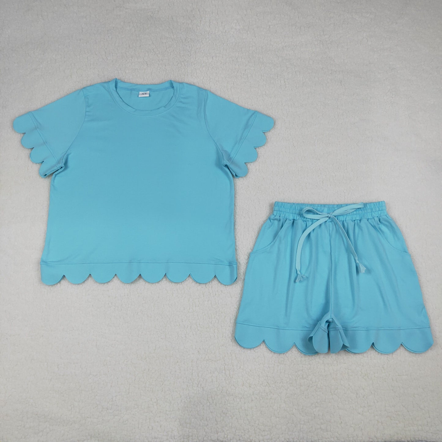 Sibling Adult Women Short Sleeve Shirts Top Pockets Short Scallop Clothes Set