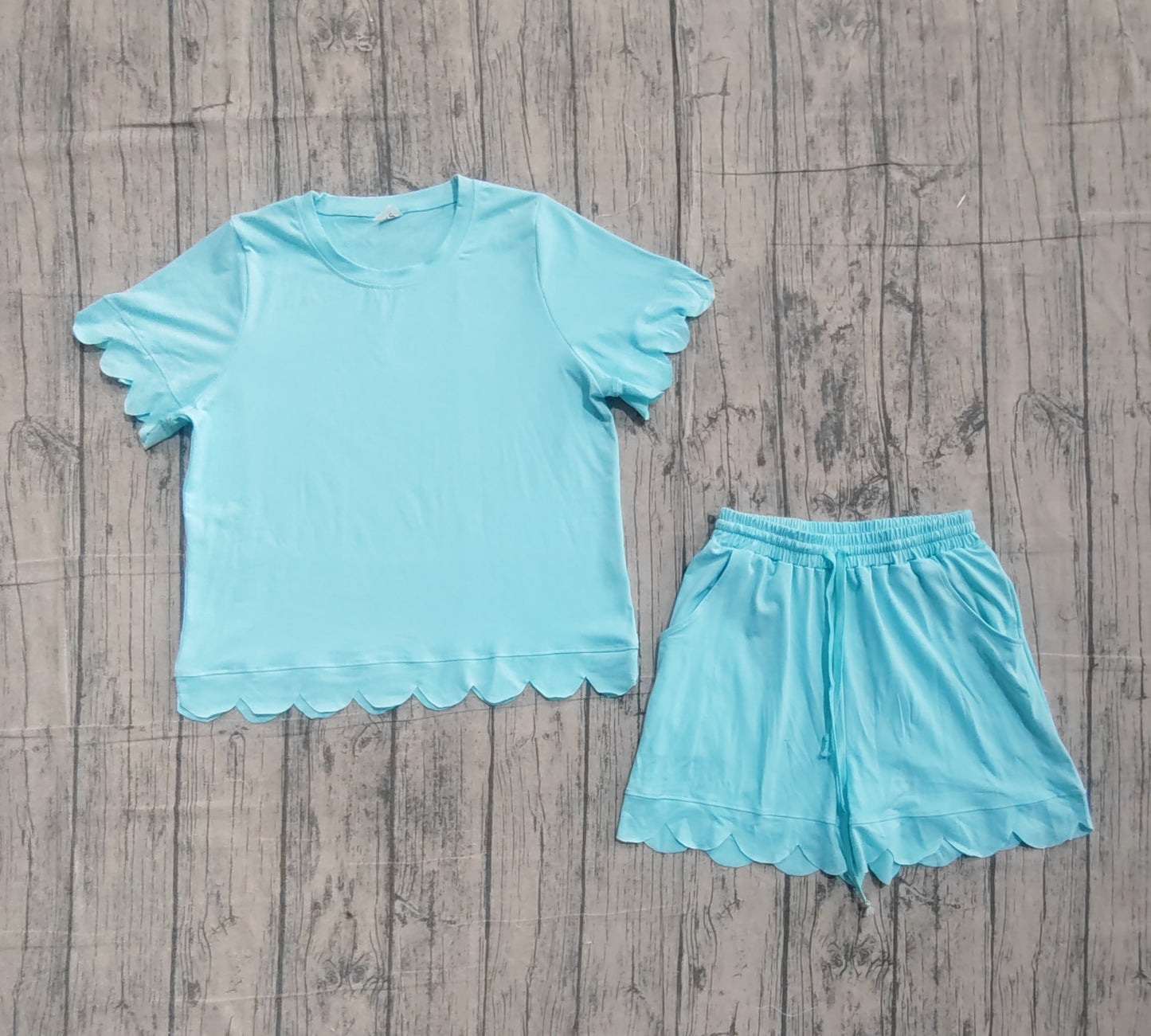Adult Women Blue Shorts Sleeve Top Pockets Short Cotton Scallop Clothes Sets