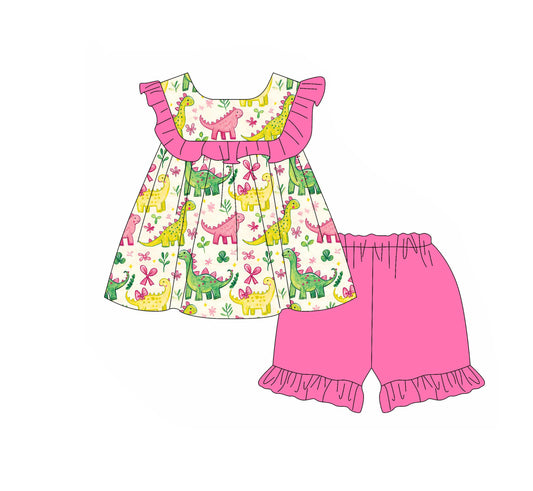 Baby Girls Colorful Dinosaurs Flowers Tunic Ruffle Shorts Clothes Sets Preorder