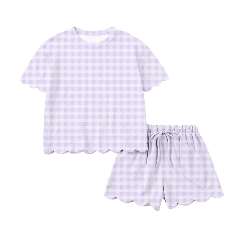 Adult Women Lavender Checked Top Short Scallop Clothes Sets Preorder