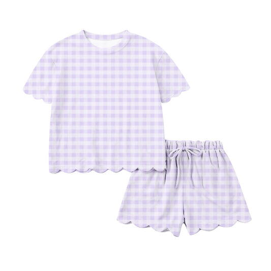 Adult Women Lavender Checked Top Short Scallop Clothes Sets Preorder