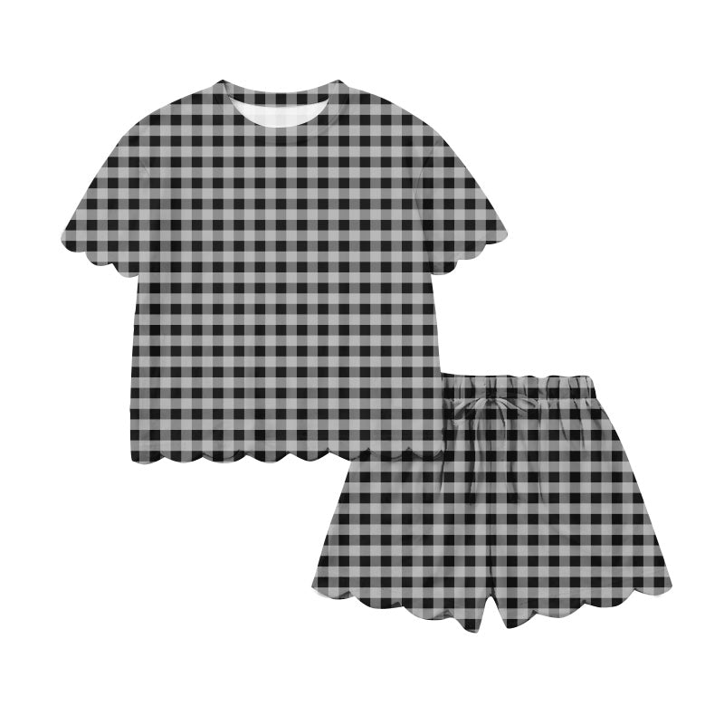 Adult Women Black Checked Top Short Scallop Clothes Sets Preorder