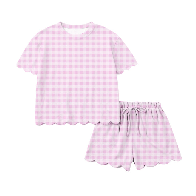 Adult Women Light Pink Checked Top Short Scallop Clothes Sets Preorder