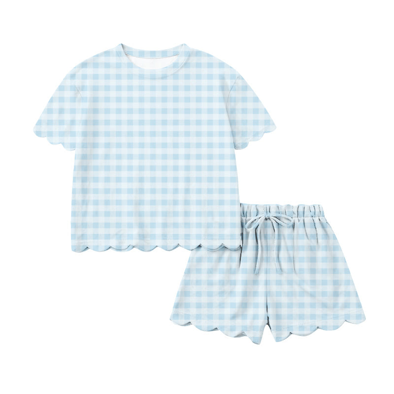 Adult Women Light Blue Checked Top Short Scallop Clothes Sets Preorder