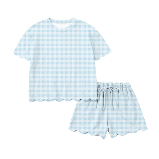 Adult Women Light Blue Checked Top Short Scallop Clothes Sets Preorder
