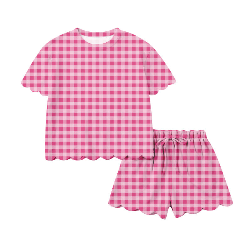 Adult Women Pink Checked Top Short Scallop Clothes Sets Preorder