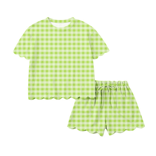 Adult Women Green Checked Top Short Scallop Clothes Sets Preorder
