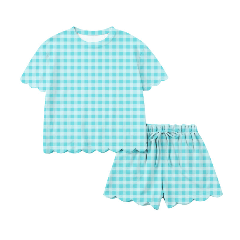 Adult Women Blue Checked Top Short Scallop Clothes Sets Preorder