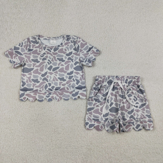 Baby Girls Southern Light Grey Camo Top Pockets Shorts Scallop Clothes Sets
