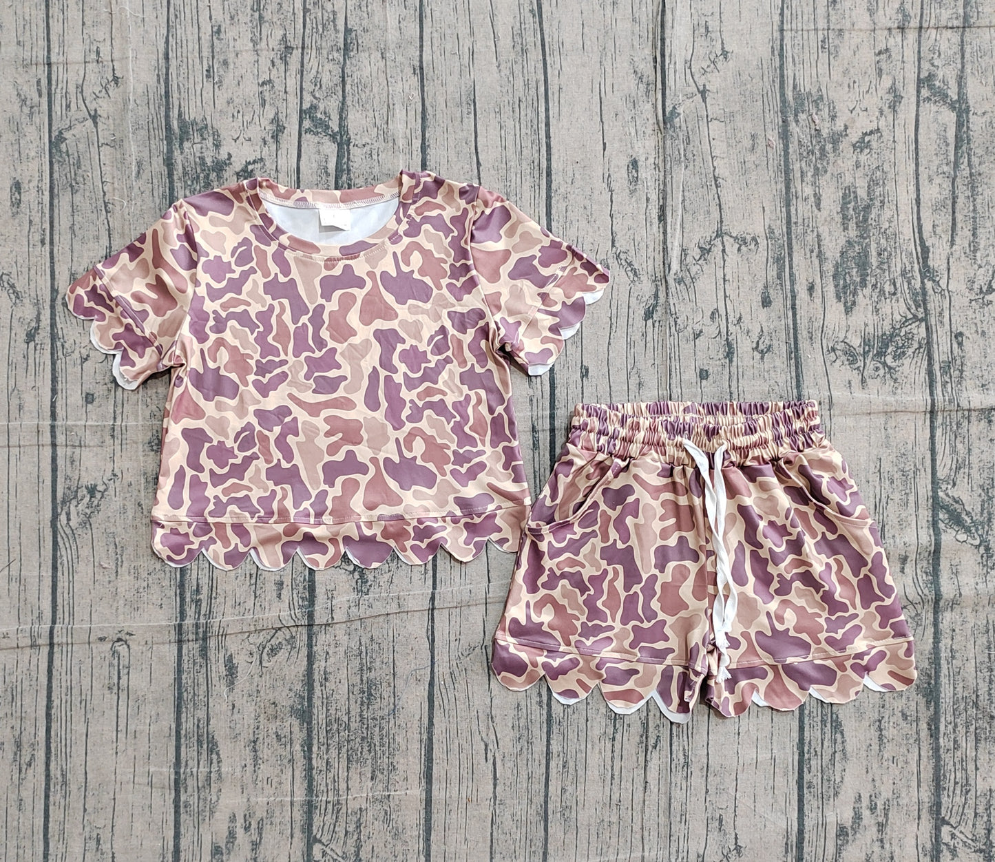 Baby Girls Southern Khaki Camo Top Pockets Shorts Scallop Clothes Sets