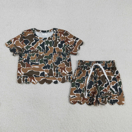 USA Shop Baby Girls Southern Dark Brown Camo Top Pockets Short Scallop Clothes Set