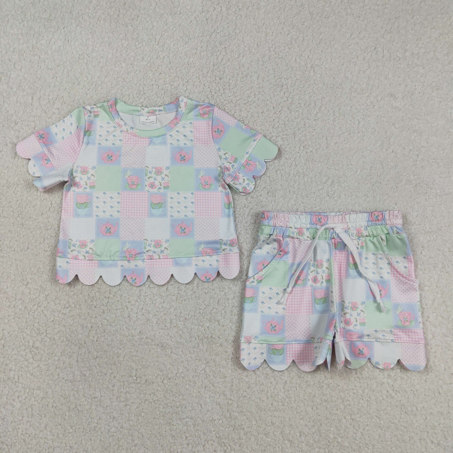 Baby Girls Colorful Flowers Checked Top Scallop Shorts Clothes Sets