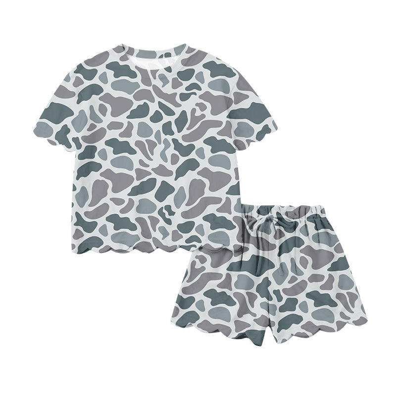 Adult Women Southern Light Grey Camo Top Short Scallop Clothes Sets Preorder