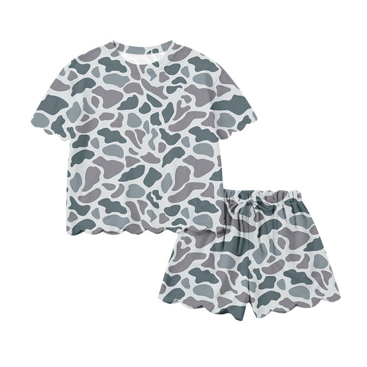 Adult Women Southern Light Grey Camo Top Short Scallop Clothes Sets Preorder