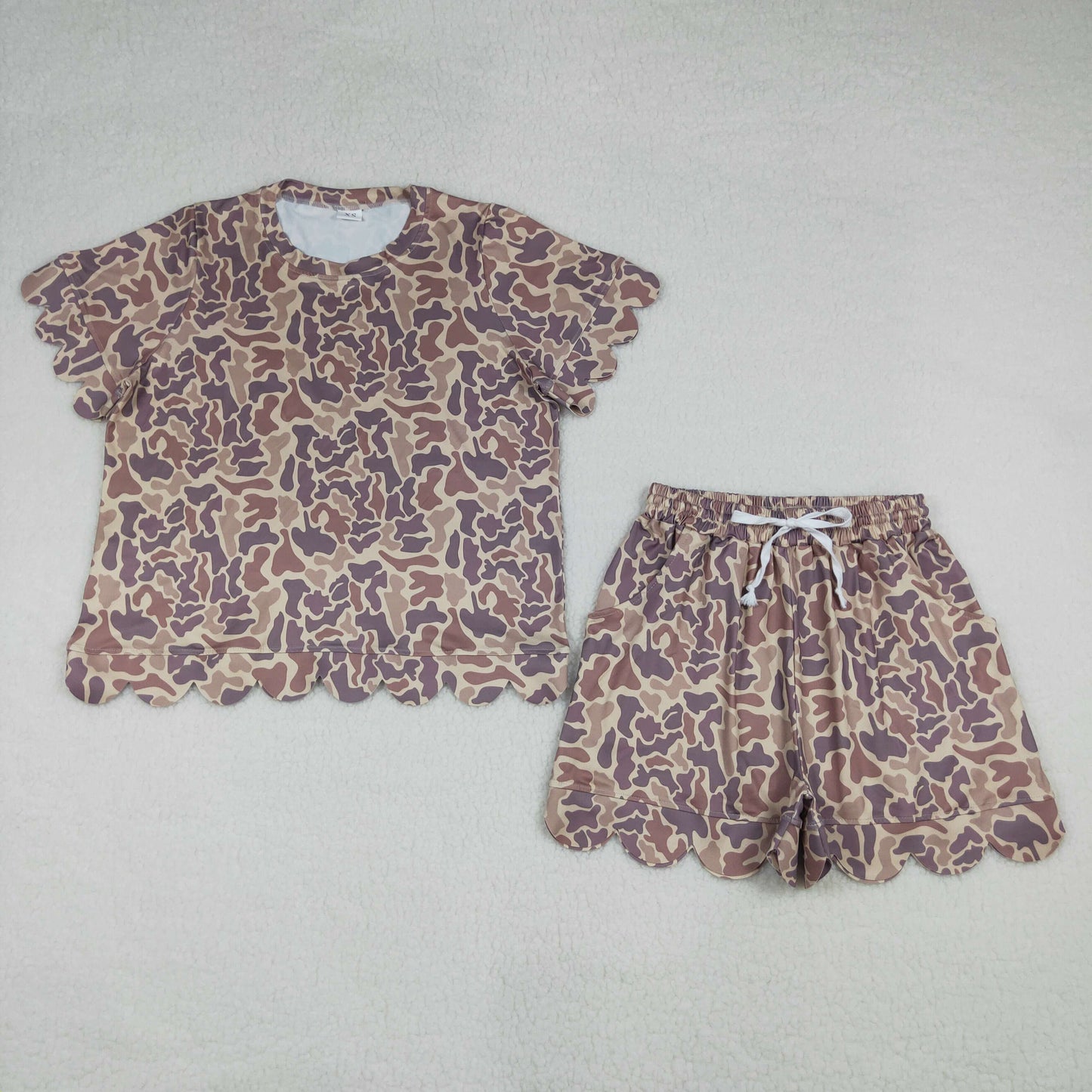 Adult Women Southern Khaki Camo Top Pockets Short Scallop Clothes Sets