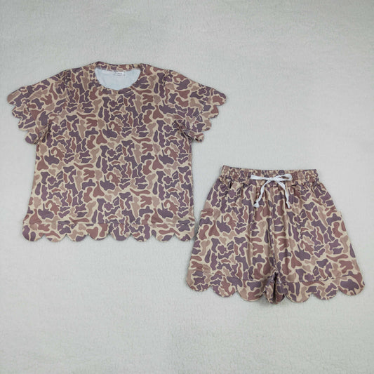 Adult Women Southern Khaki Camo Top Pockets Short Scallop Clothes Sets