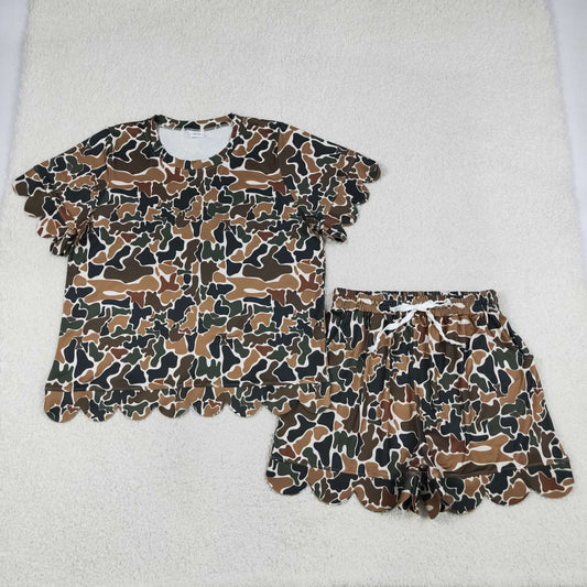 Mama and Me Girls Dark Brown Camo Top Pockets Short Scallop Clothes Sets
