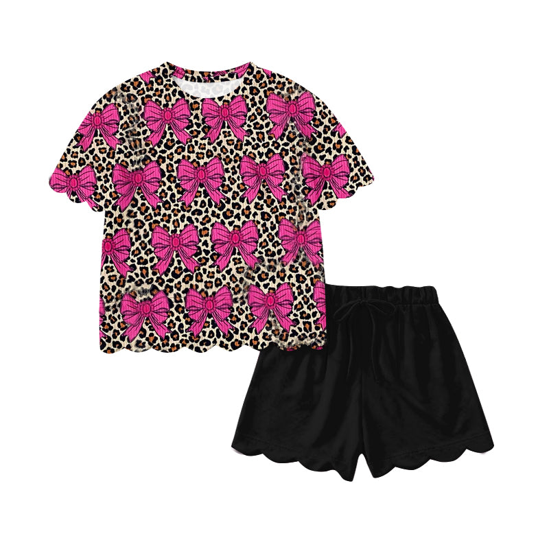 Baby Girls Leopard Turquoise Bows Top Scallop Shorts Western Clothes Sets Preorder
