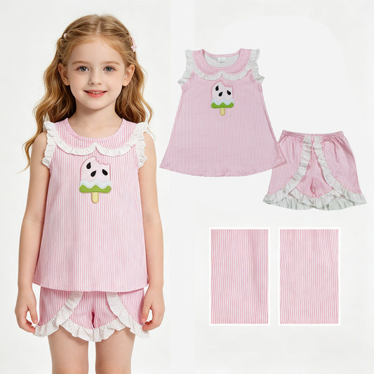 Embroidery Popsicle Baby Girls Pink Stripe Collar Tunic Ruffle Shorts Clothes Sets