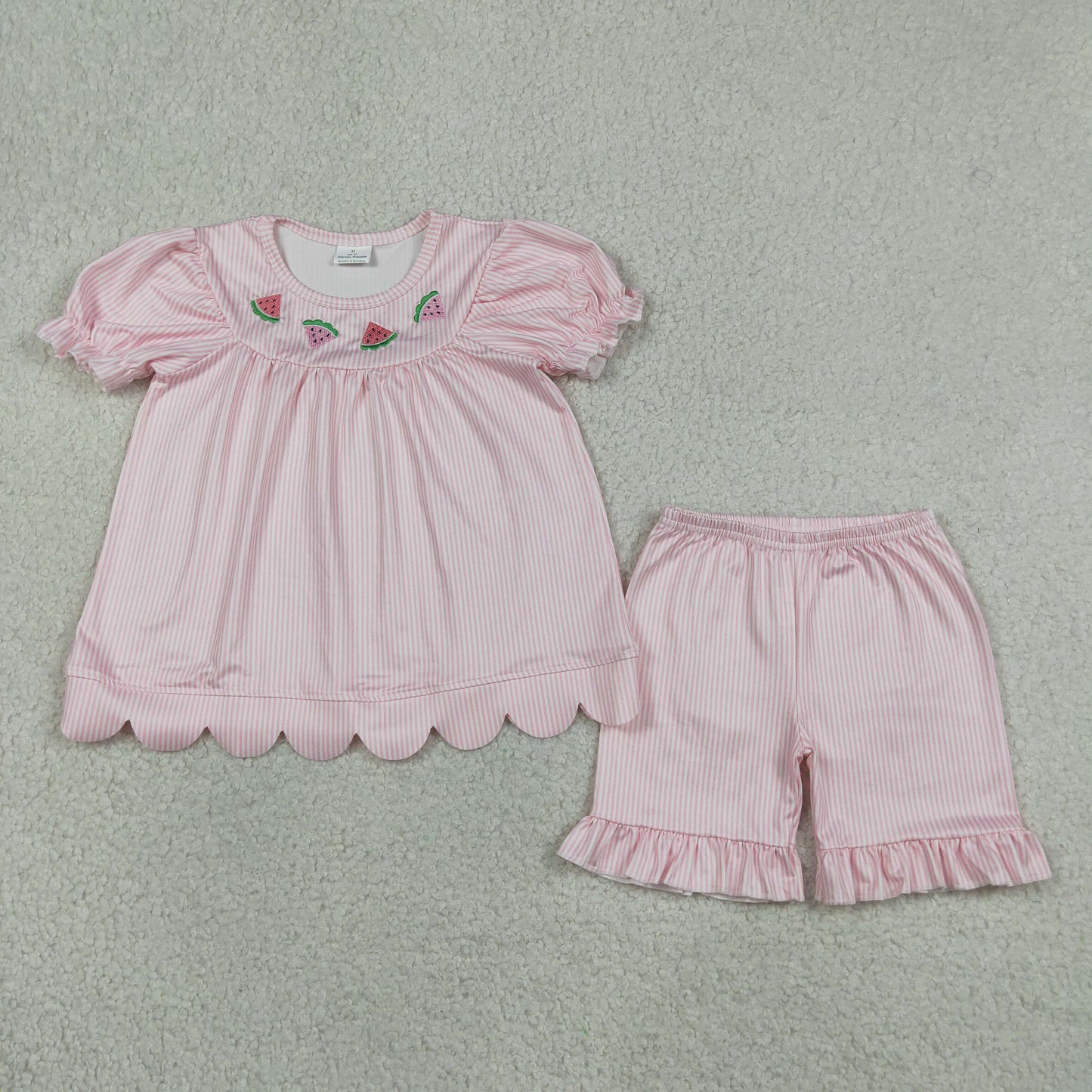 Embroidery Watermelons Baby Girls Pink Stripe Scallop Tunic Ruffle Shorts Clothes Sets