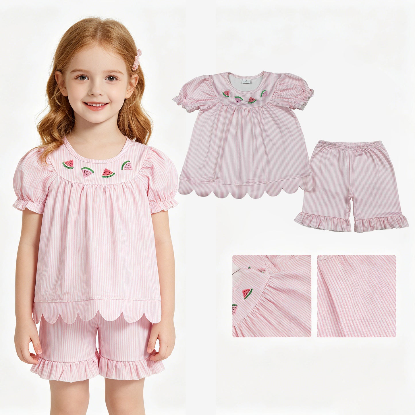 Embroidery Watermelons Baby Girls Pink Stripe Scallop Tunic Ruffle Shorts Clothes Sets