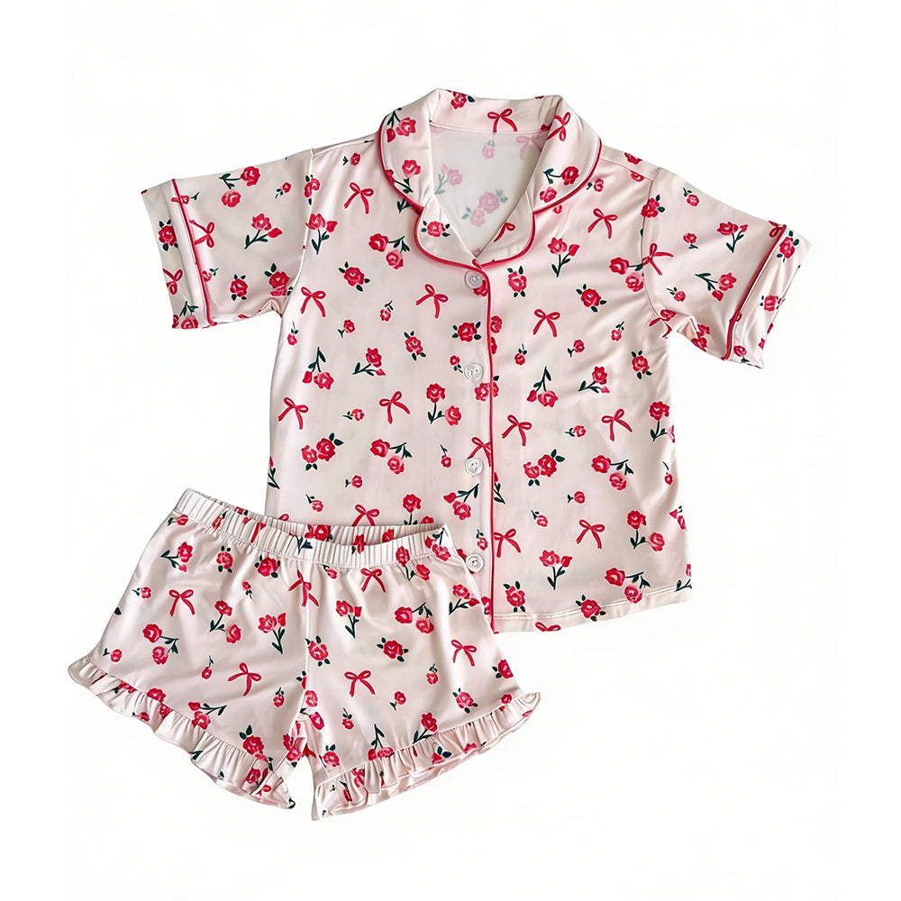 Baby Girls Red Bows Flowers Button Top Ruffle Shorts Pajamas Sets Preorder