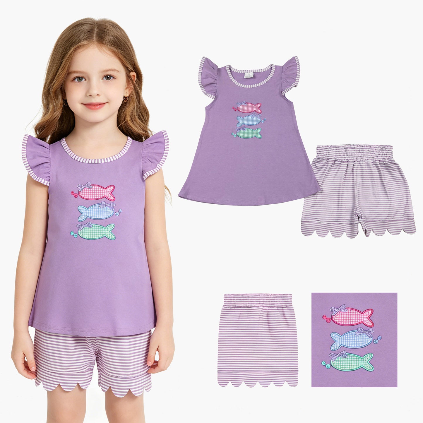 Embroidery Fishes Baby Girls Tunic Scallop Stripe Shorts Hunting Clothes Sets