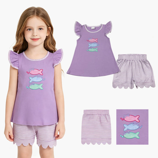Embroidery Fishes Baby Girls Tunic Scallop Stripe Shorts Hunting Clothes Sets