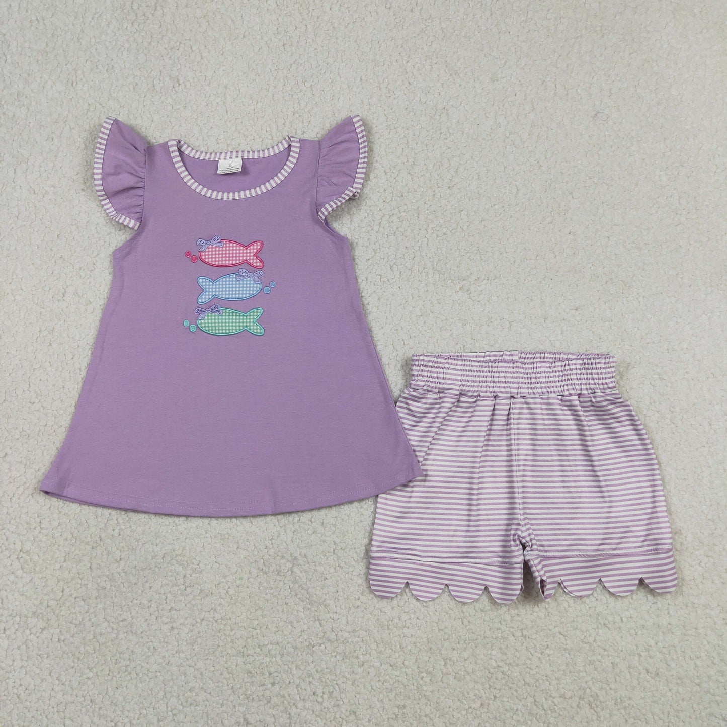 Embroidery Fishes Baby Girls Tunic Scallop Stripe Shorts Hunting Clothes Sets