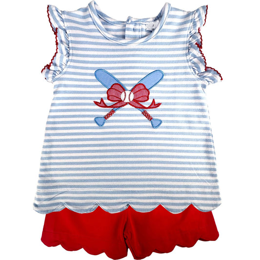 Baby Girls Stripe Baseballs Bows Tunic Scallop Shorts Team Clothes Sets Preorder