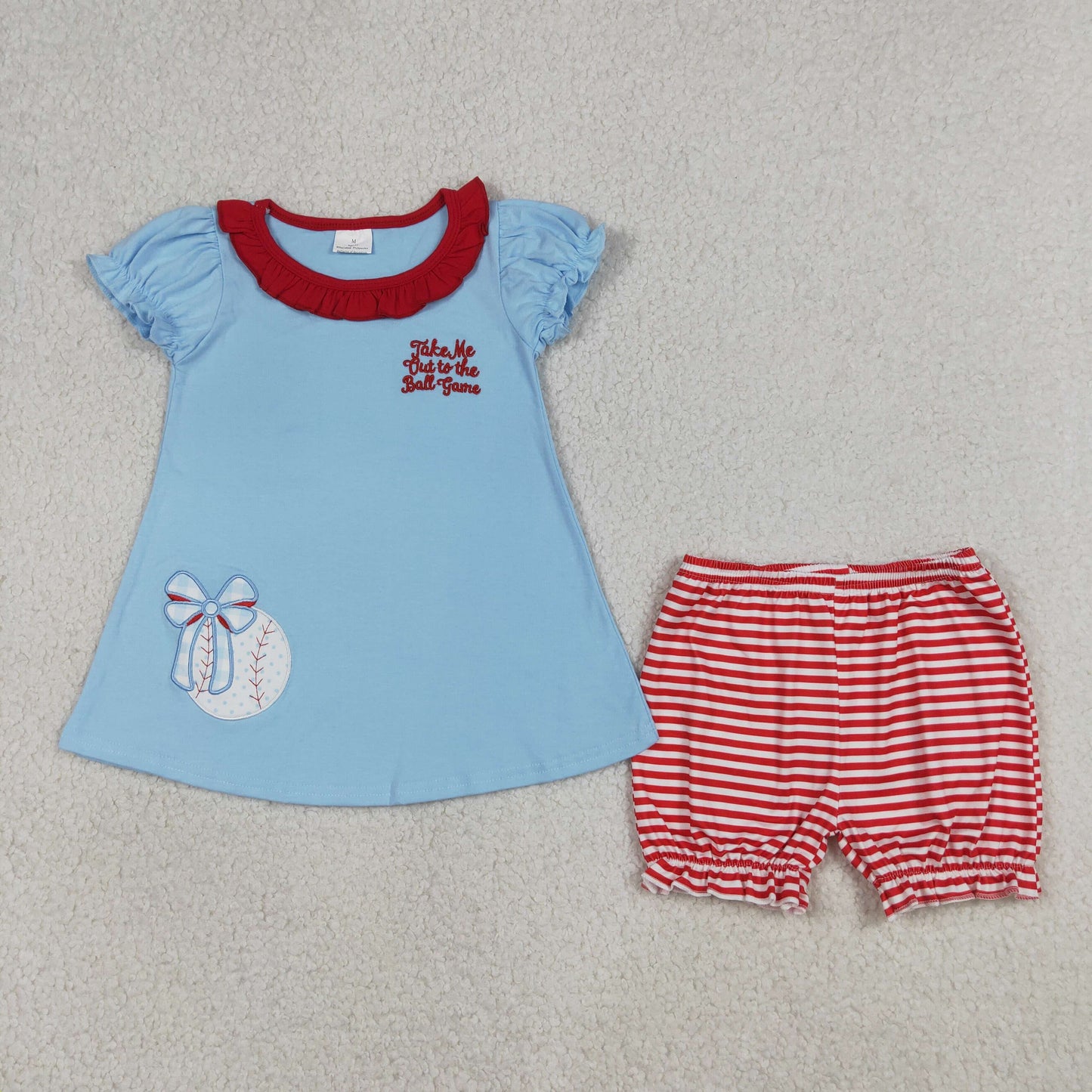 Embroidery Baseballs Bows Baby Girls Tunic Stripe Ruffle Shorts Team Clothes Sets
