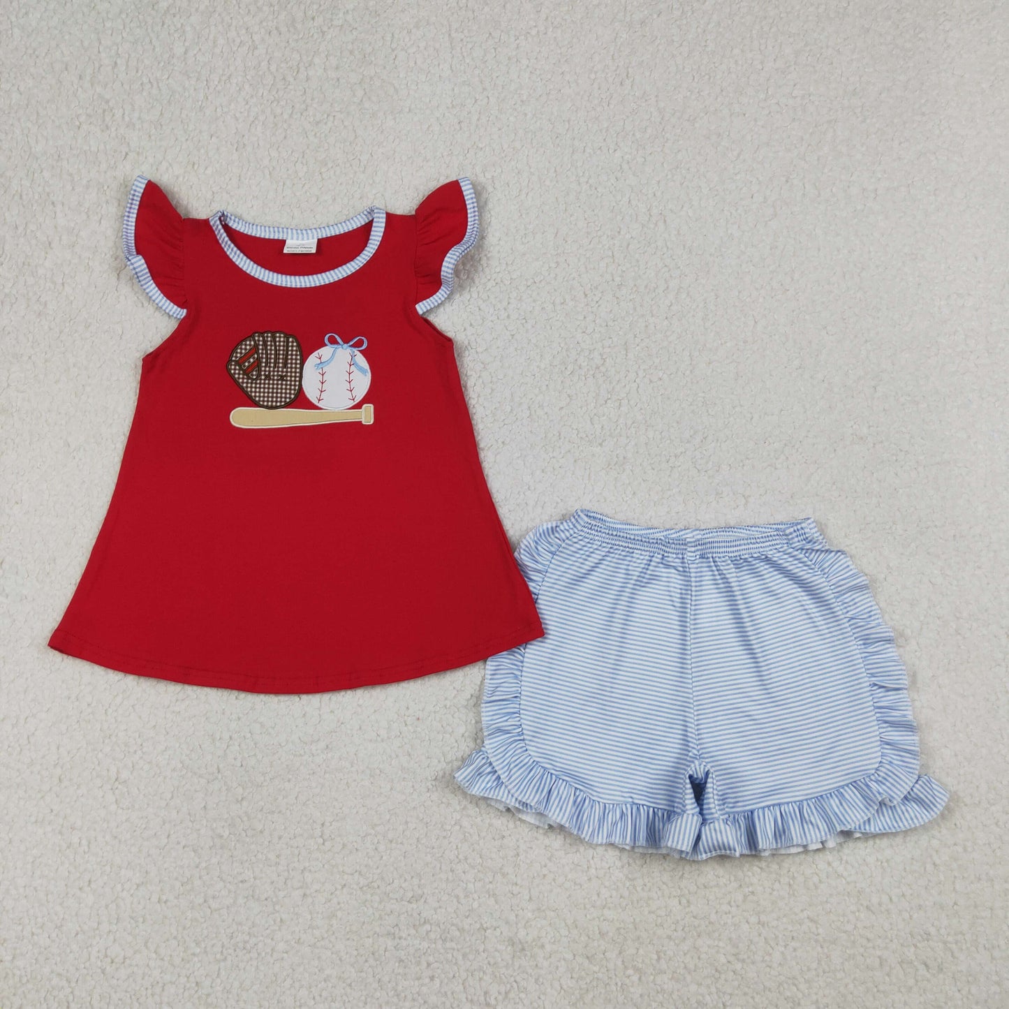 Embroidery Baseballs Baby Girls Tunic Stripe Ruffle Shorts Team Clothes Sets