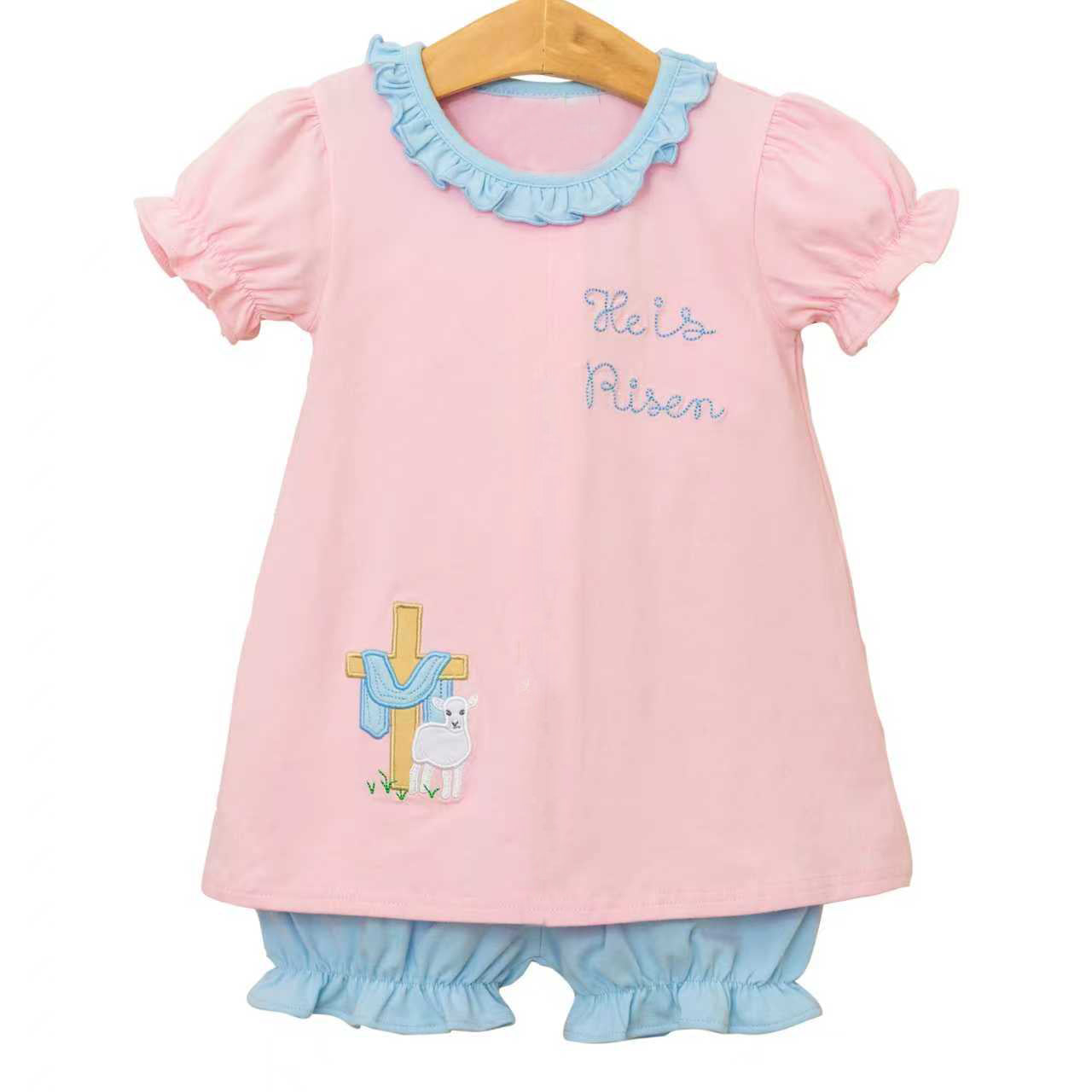 Baby Girls He is Risen Cross Collar Tunic Ruffle Shorts Easter Clothes Sets Preorder