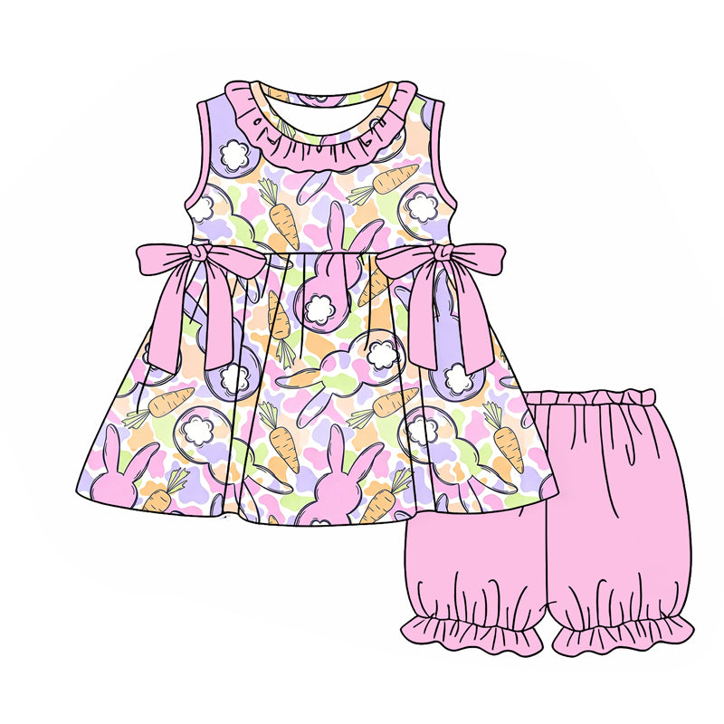 Baby Girls Camo Rabbits Carrots Collar Tunic Ruffle Shorts Easter Clothes Sets Preorder